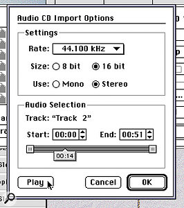 Figure 1: The Audio CD Import Options dialogue allows you to specify mono or stereo, and the sample rate at which you want to import the audio.