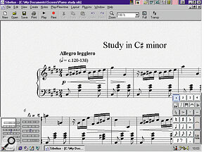 One of Sibelius's demo scores. Note the navigation box in the bottom‑left corner of the screen, giving you constant feedback as to your location in the overall manuscript. The light rectangle can be dragged for fast movement from one section to another.