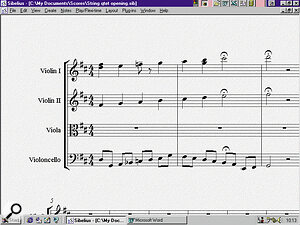 A simple split‑stave string quartet arrangement for two violins, one viola and one violoncello, with the appropriate treble, alto, and bass clef.