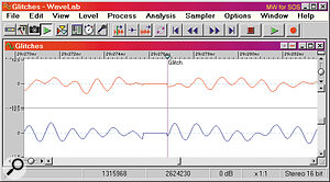 Figure 3: Glitches can occur when audio is being grabbed from CDs, or when data is being read from DAT tapes with so many errors that the correction circuitry can't cope. Some, like this one, are obvious when displayed in a waveform editor. Others are easy to miss unless you track them down using sophisticated detection algorithms.