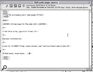 A very dull web site as seen in a text editor (above) and a web browser. The HTML tags in angled brackets instruct the browser to display the text 'Welcome To The Web', for instance, as centred, in the largest header format