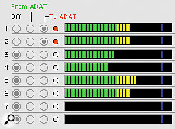 ADAT Connect's meter section, with the selection buttons for determining whether audio is being received from or transmitted back to the connected ADAT.