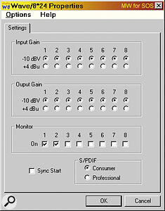The Wave/8•24 Control panel lets you choose individual input and output sensitivities, 'zero‑latency' monitoring during recording, Sync Start to ensure that all eight channels start exactly in sync with each other, and a choice of S/PDIF modes.
