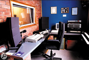 The control room in Neil's purpose‑built studio, with his Bang & Olufsen hi‑fi speakers flanking the Fostex DMT8VL that is his main recorder.