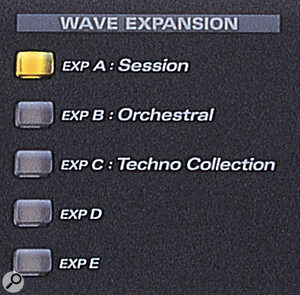 These buttons on the far right of the front panel allow quick movement between the built‑in hard‑wired Wave Expansion cards and any others installed in the two user‑expandable slots.