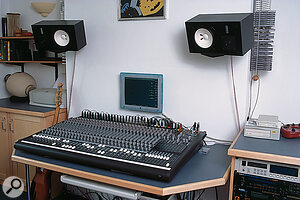 The control room in Gavin's studio, with his Mackie desk and Yamaha NS10 monitors.