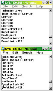 You can change various settings in Hubi's Loopback by editing the system.ini file (see page 141). Here the default entries are shown in the upper window, while in the lower one I have reduced the number of active nodes to one, as well as renaming it as a more meaningful XG1 for the example described.