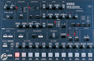 The MS2000's busy front panel contains a dedicated control for almost every parameter, though many take alternative roles (indicated by the reversed‑out legending) when used in vocoder mode. The signal flow follows a broadly left‑right path.