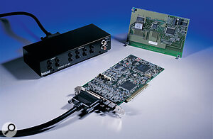 The Lexicon Core 2 card (foreground), shown connected to the I/O breakout box. The optional MP100 reverb daughterboard can be seen to the rear