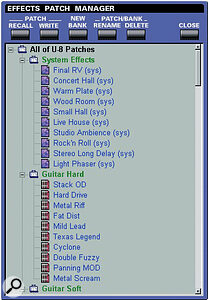 The U8's effects manager window, displaying a list of the supplied and user presets.