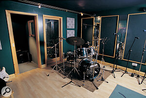 The recording room. Both isolation booths can be seen, as well as Carl's Premier drum kit.