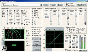 As an example of the built‑in effects on offer, this is the Multiband Dynamics window, which provides up to four separate bands of compression, expansion, limiting, or noise gating, and seems perfect for use during mixdown and mastering. The right‑hand half of the window contains the controls also available for use with individual tracks and objects.