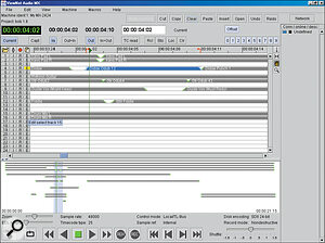 ViewNet in operation. The topmost part of the window shows a typical track display, which can be zoomed right in for fine‑detail editing (see the lower screenshot, where the view is zoomed right in to aid editing of a crossfade). The lower half of the window shows the Project overview.