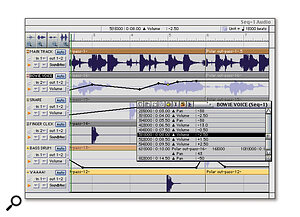 Most MIDI + Audio sequencers, such as MOTU's Digital Performer shown here, support mix automation. Automation data can be created by moving faders and knobs with the mouse, or by applying 'vectors' to individual audio parts as shown here. Once created, data can also be edited in a list or other format, as is shown.