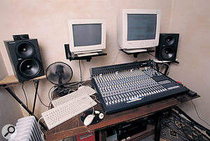 The converted garage room containing the band's recording gear, including their TSC Nashville Mac clone, Mackie monitors and Behringer desk.