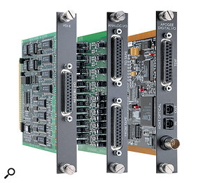 Three of the currently available audio interfaces for the HDR24/96: the PDI8 AES‑EBU digital I/O card, the AIO8 balanced analogue I/O card, and the DIO8 ADAT and TDIF digital I/O card.