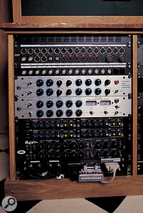 The first of the three main racks in the control room contains (from top): audio and MIDI tie‑lines, Summit Audio EQP200B equaliser and DCL200 compressor/limiter, Sony SRP‑L200 compressor/expander (x2) and Mutronics Mutator compressor.