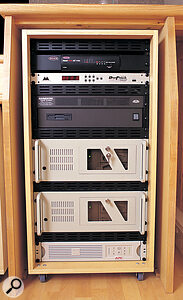 The two racked PCs Graham spec'd and built, together with the PC brain of the Mackie D8b.