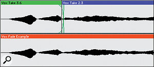 Logic's real‑time crossfades are great for smoothing over transitions between sections of a comped track. The green and blue audio objects above have been crossfaded in this way, as can be seen from the green shading, and the orange object shows the resultant audible waveform.