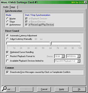 The Audio Settings page lets you synchronise multiple cards, as well as allowing you to tweak many aspects of DirectSound performance to help run soft synths alongside a MIDI + Audio sequencer.