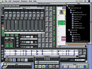 From top left, to right, clockwise: The Mixer palette, offering level controls, pan pots and bar‑graph metering for each Phrazer track; the Files palette, from which any sample on a drive attached to the host computer can be dragged; the Tools palette, offering instant mouse access to a handful of editing and control functions; the Transport palette, with tape‑like transport controls and 'record‑to‑disk' icon; the MIDI palette, showing incoming MIDI activity; and the Engine palette, providing visual feedback on how hard your computer is working while running Phrazer.