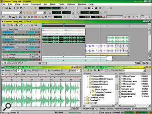 Loop‑based composition is easy using Groove Clips. Here you can see how they appear in the Clip pane with bevelled corners; the bottom Maracas track is being Slip edited to add loops. Across the bottom are the Loop Construction and Loop Explorer windows.