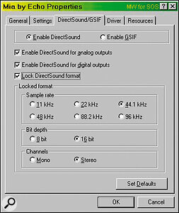 The Mia's drivers provide either GSIF or DirectSound support alongside ASIO and MME, and will allow up to four software applications to be run simultaneously with any combination of ASIO, GSIF/DirectSound, or MME.