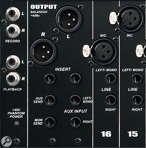 The two stereo channels offer balanced mono mic inputs and balanced stereo line inputs, though there are no insert points or direct outputs. The master output section includes balanced main XLR outputs, TRS jack sockets for the mix buss insert points and balanced auxiliary/monitor sends, plus phono sockets for the stereo tape sends and returns.