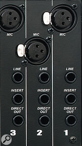 Each of the fourteen mono channels features balanced mic and line inputs, a balanced direct output and an insert point. There are three possible direct output sources, selectable via internal jumpers.