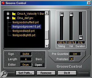 Groove templates within Cubase VST can be applied from the Groove Control window, with sliders showing the degree of timing, velocity and duration change.