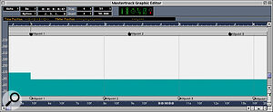 Here, I've adjusted the tempo to the right of the song position so as to line the Time Hitpoints up with the bar divisions in the Meter ruler at the top of the tempo display: each Hitpoint now falls at the start of a bar, and Cubase's tempo is thus the same as that of my MIDI part. Note how the Meter Hitpoints at the top have stayed fixed relative to the Meter ruler even though the tempo has been altered.