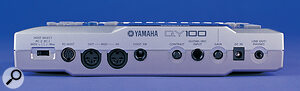 The QY100 fits in plenty of connectors on its compact rear panel. From left to right: the To Host serial port and associated selector switch, MIDI In and Out sockets, Footswitch jack, the LCD contrast control, Guitar/Mic input and Gain control, power inlet, and combined stereo Line Out and headphone mini‑jack.