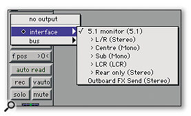 The output section of a mono track belonging to a Session containing the I/O Setup shown in the previous screen. With this configuration, you can route tracks directly to certain speaker combinations, or use the full surround path and pan from there.