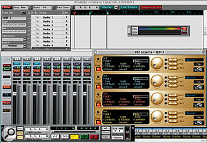 Figure 2 — Cubase has 12 Espacials loaded as Channel Inserts. The Performance Indicator is showing processor overload without running the song!