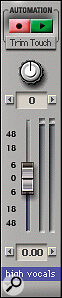 A Track Strip in Trim mode. Note the altered volume fader scale, and also the automation Record/Play‑enable buttons.