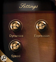 Depending on which patch you load, the 'Settings' pane displays a combination of Dynamics (last received value of MIDI CC1/ Mod wheel data), Expression (last received value of MIDI CC11/Expression pedal data), Speed (of legato note transition or portamento), Tightness (of note attack) and Release Volume.