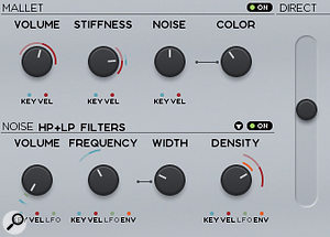 Close-up of Chromaphone's Mallet module. Here you can alter the sound of the 'virtual beater' which kicks the percussion sounds into life, as well as making subtle adjustments to the noise-shaping.