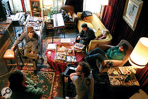 Animal Collective at Sweet Tea Studios with Ben Allen (centre, back to camera) and Sweet Tea's Liza Smith. From left: Dave Portner aka Avey Tare, Noah Lennox aka Panda Bear, Brian Weitz aka Geologist.