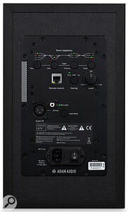 The rear panel houses controls for accessing the Room Adaptation and Voicing presets, as well as an Ethernet port for connecting to ADAM’s A Control software.