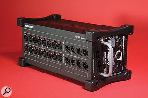 The AB168 connects to the Qu–Pac via an Ethernet cable, adding eight outputs and 16 inputs, with remote-controlled preamps.