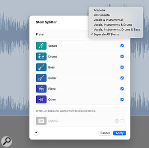 Logic’s Stem Splitter now offers up to six stems as well as improved audio quality of the separations.