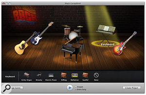 Magic GarageBand provides a back-room club environment for you to choose what instruments you want in your band. I guess it's a sign of the times that adding even virtual cigarette smoke to this image would probably be illegal...