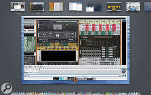 Mission Control in full flight. Here it's showing the five desktops and two full-screen apps I'm currently running. You can also see an app being dragged from Desktop 1 to Desktop 5.