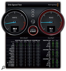 The results for Black Magic Design's Disk Speed Test on a MacBook Pro (left) and the new iMac. As you can see, the iMac drive is doing rather better...