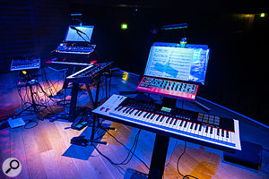 With extremely limited time available for the stage setup, each individual synth station had been pre-prepared as much as possible, and its position on the stage ‘spiked’ with adhesive tape (visible next to the stands on the left).