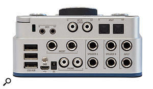 The rear of the AudioFuse is where most of the action is, with connections for MIDI I/O, word clock, S/PDIF and ADAT, three USB A  ports, phono inputs, a  ground connector, and a  host of quarter-inch jack sockets for audio I/O.