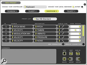 The MIDI Preset editor opens up in the central area of the main window, and lets you assign various MIDI controllers to instrument parameters.