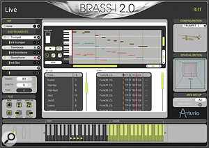 Brass 2.0's Riff mode offers ready‑rolled phrases, categorised by style, triggered from MIDI keys, and all capable of being transposed or re‑harmonised on the fly. Your keyboard input is essentially split, as the screen shot shows, with triggering occurring on one side, and optional chord playing to indicate the harmony on the other. It's easy to edit the supplied Riffs, or make your own from scratch, and instrument parameter automation data can be entered directly into the mini‑sequencer, allowing for great programming depth.