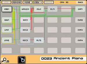 The Edit/Patch screen allows you to insert and remove modules, to move them around into sensible configurations, and to see what's connected to what. This gives you the best view of the architecture of your virtual modular synth. 