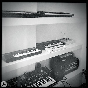 'Toy' instruments at Blanco's studio, including a Casio VL1, Indian harmonium, Suzuki Omnichord, a ukulele and a child's glockenspiel.